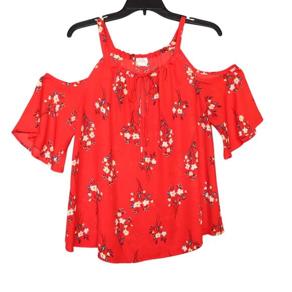 Sienna Sky Womens Blouse Large Red‎ Floral Cold Shoulder Short Sleeve - Picture 1 of 7